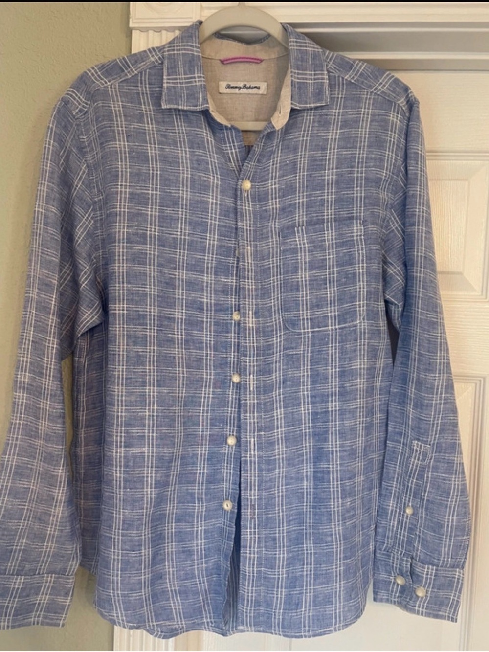 Tommy Bahama 100% Linen Shirt Mens Blue Plaid Long Sleeve Button Up